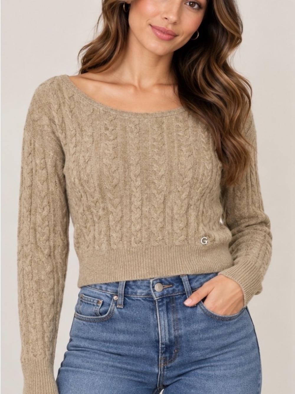 GUESS Women’s M Oatmeal Beige Cable Knit Sweater Wide Neck Cropped 2021